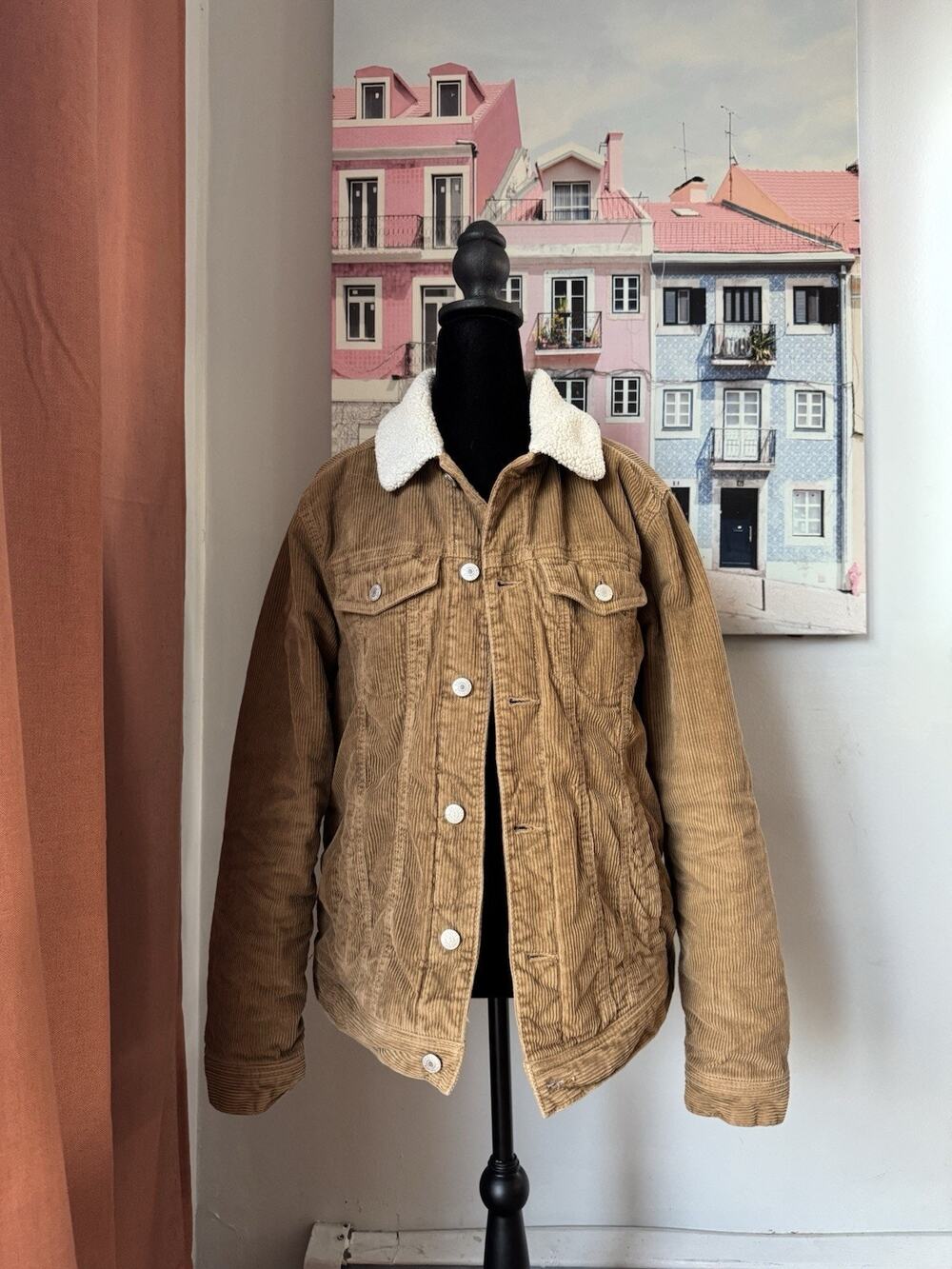 Hollister Button-Up Sherpa Lined Corduroy Trucker Jacket Beige Mens M 70s 90s